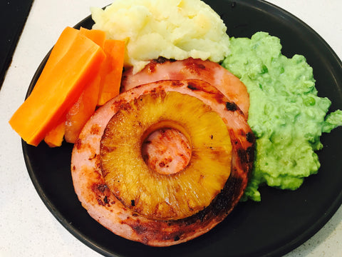 Ham Steaks with Pineapple, Mushy Peas and Veg