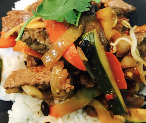 Beef with Black Bean Sauce, Asian Vegs with Rice