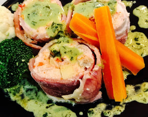 Stuffed Chicken Wrapped in Bacon with a Basil Sauce and Vegetables- FRESH